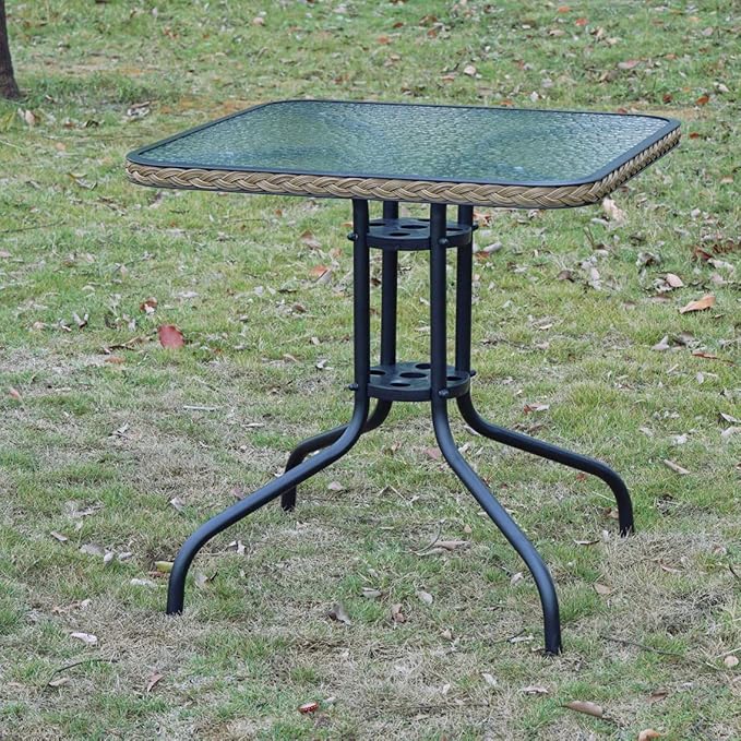 BTEXPERT Set of 2, Indoor Outdoor 28" Square Tempered Glass Metal Restaurant Table Brown Rattan Trim
