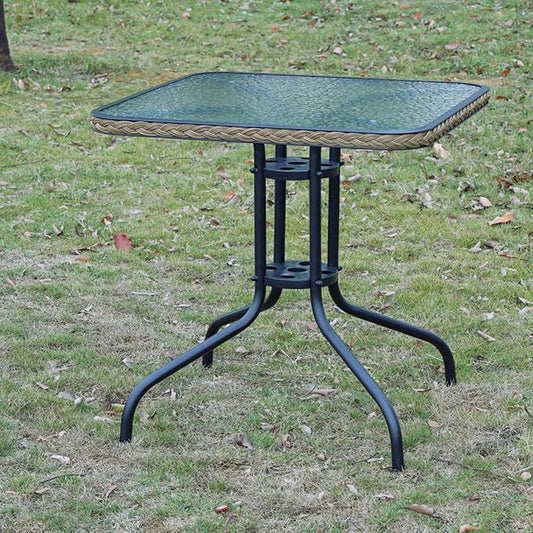 BTEXPERT Set of 2, Indoor Outdoor 28" Square Tempered Glass Metal Restaurant Table Brown Rattan Trim