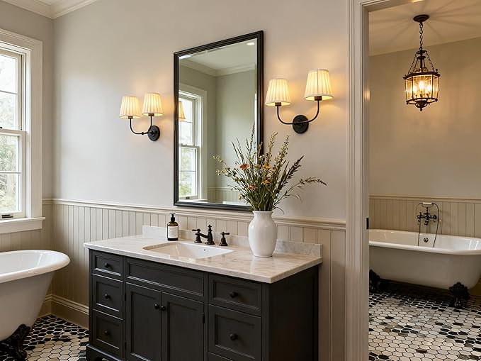 PERMO Vintage Double Sconce Black 2 Light Sconces with Pleated Beige Stripe Fabric Shades Wall Sconces Hardwired Light for Bathroom Bedroom Hallway