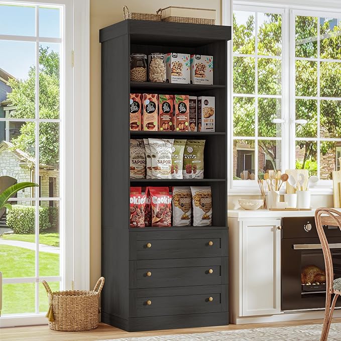 ivaniti 71" Tall Farmhouse Kitchen Pantry, Large Storage Cabinet with Glass Doors, Adjustable Shelves, 3 Drawer, Wood Versatile Hutch Cabinet for Dining Room, Living Room, Black 3 Pcs