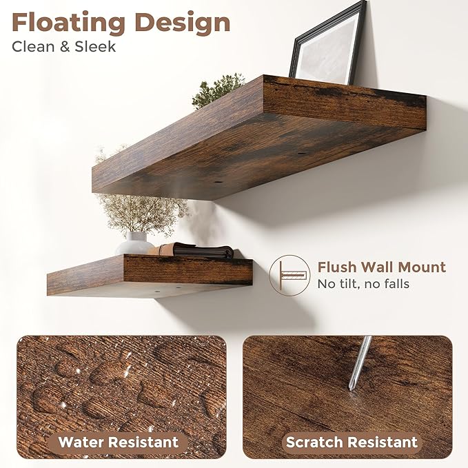 12" Deep Floating Shelves for Wall with Invisible Brackets, Wall Mounted Engineered Wood Shelves with Wood Grain for Living Room, Bedroom, Kitchen Decor and Storage, 36"L Set of 1, Rustic Brown