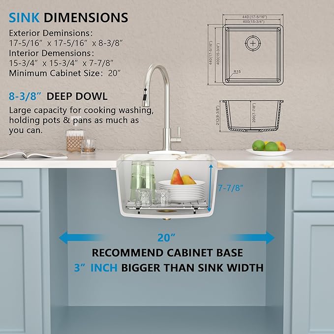 17"x17" Undermount Bar Prep Sink – White Granite Composite Quartz Classic Under Counter Single Bowl Sink Basin for Wet Bar, RV, Small Kitchen
