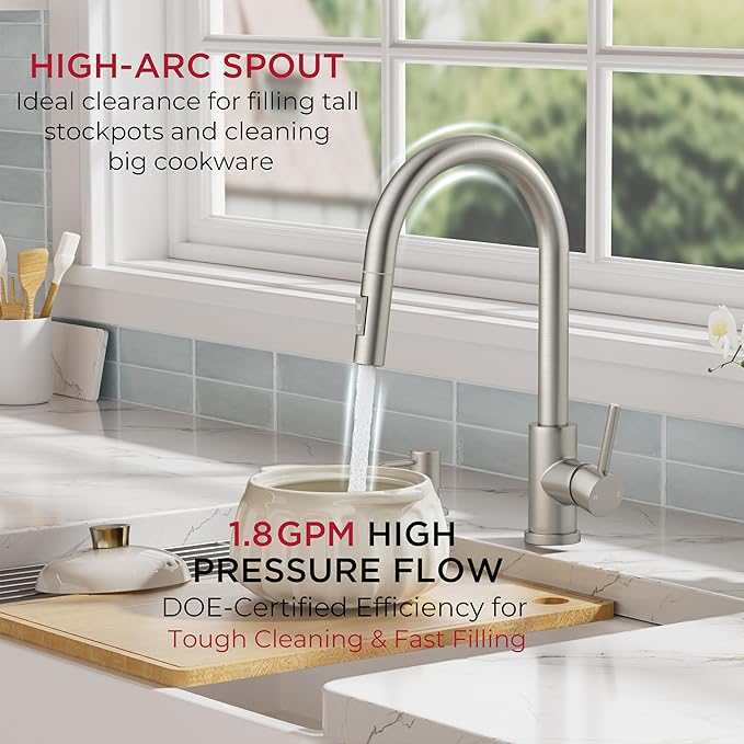 FORIOUS Kitchen Faucet with Pull Down Sprayer, Modern Single Hole Kitchen Sink Faucet with Soap Dispenser, Deck Plate, Brushed Nickel Single Handle, High Arc Stainless Steel for RV Farmhouse Laundry