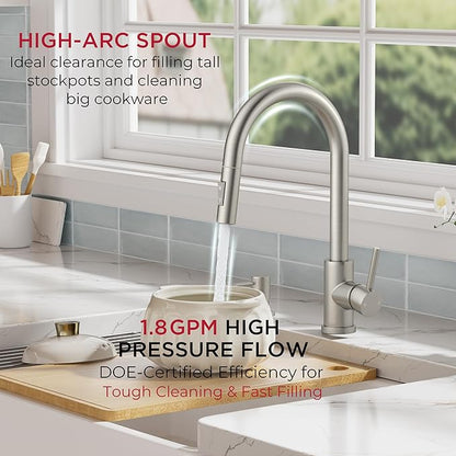 FORIOUS Kitchen Faucet with Pull Down Sprayer, Modern Single Hole Kitchen Sink Faucet with Soap Dispenser, Deck Plate, Brushed Nickel Single Handle, High Arc Stainless Steel for RV Farmhouse Laundry