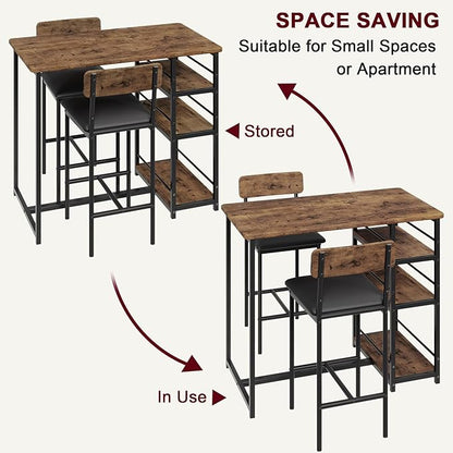 Bar Table Set for 2 with 3 Storage Shelves, Space-Saving Kitchen Table & Chairs with PU Cushions, Thick MDF Wood Top and Steel Frame for Apartment and Bistros - Brown