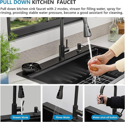 28"x22" Drop In Kitchen Sink Ledge Workstation – Gunmetal Black NANO-PVD, 16 Gauge 304 Stainless Steel Top Mount Single Bowl Sink Basin with Faucet Combo & Glass Rinser