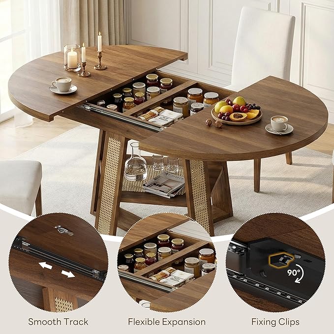 LIKIMIO 43"-59" Extendable Round Dining Table for 4-8, Transformer Oval Dining Room Table with Removable Leaves Space Saving, Wood Base Kitchen Table with Storage Shelf for Living Room, Walnut