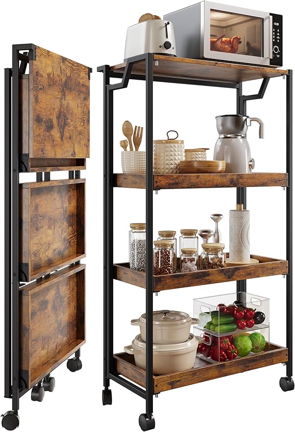 PeakPursuit Large 4-Tier Collapsible Wooden Storage Shelf – Heavy Duty 100 lbs Capacity, Locking Wheels – Space-Saving Organizer for Kitchen, Garage, Workshop, Home – No Assembly Required