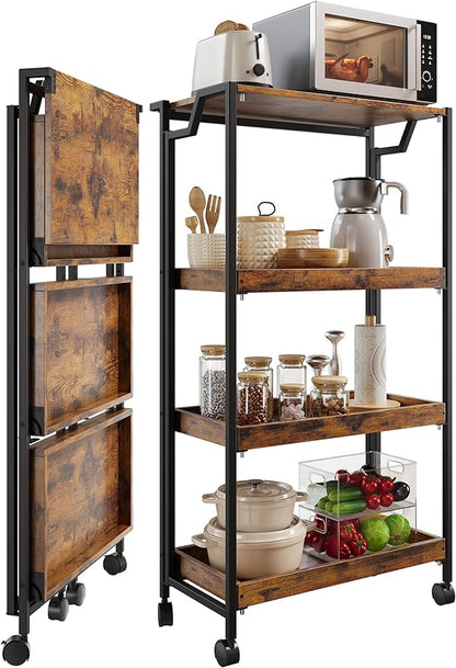 PeakPursuit Large 4-Tier Collapsible Wooden Storage Shelf – Heavy Duty 100 lbs Capacity, Locking Wheels – Space-Saving Organizer for Kitchen, Garage, Workshop, Home – No Assembly Required