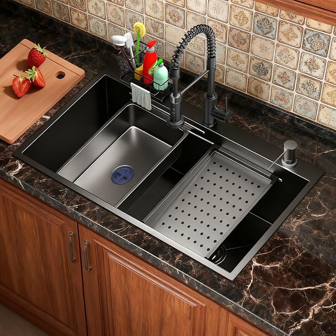 28 Inch Black Drop-In Stainless Steel Kitchen Sink: Single Bowl Deep Scratch Resistant 16 Gauge Workstation with Faucet & Accessories Combo for Family Kitchen