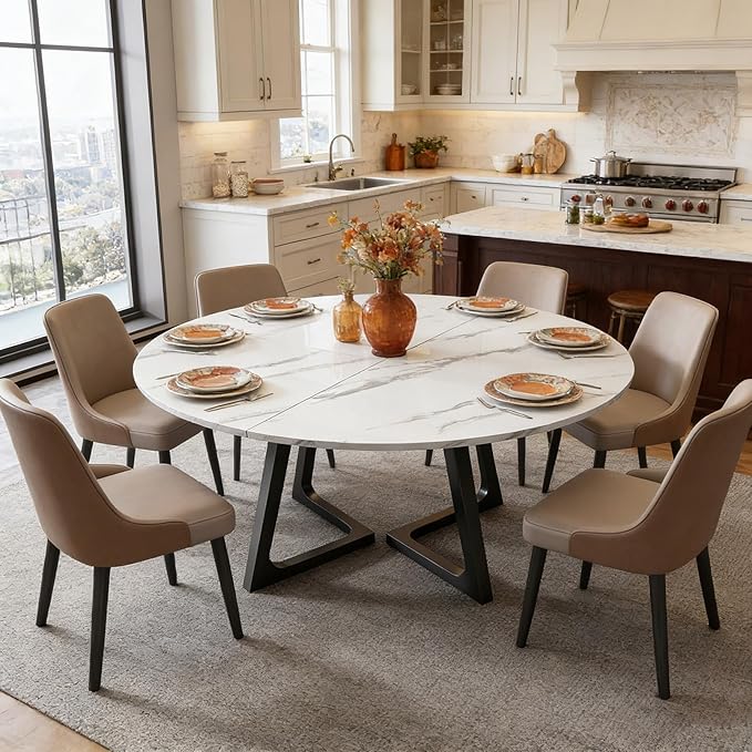 Wood Round Foldable Table Top Only Large Portable Tabletop for Desktop Transformation 47 51 55 59 63 71 inch 4-Fold Folding Round Table Top Extender Space Saving for Family Dinners(White Marble,67")