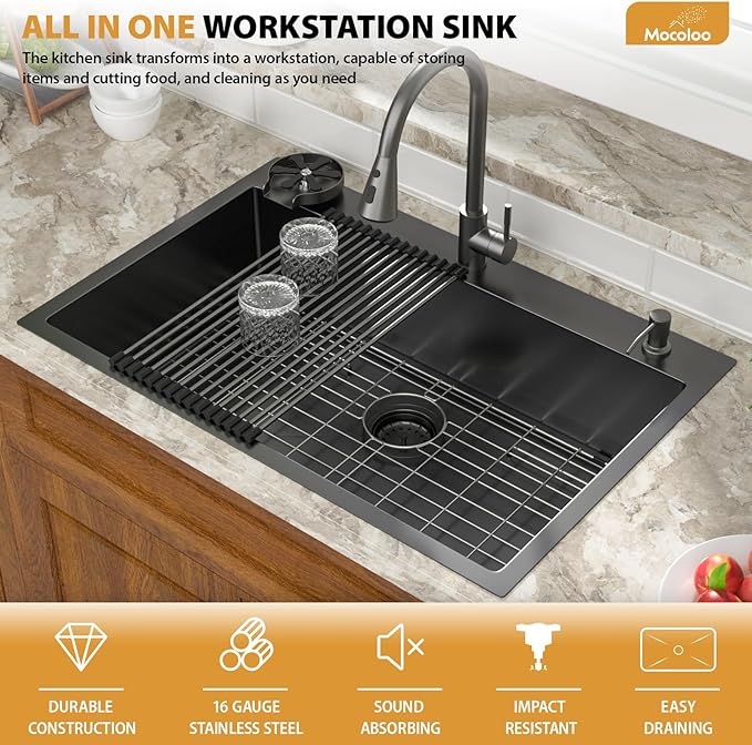 Mocoloo 33x22 Drop In Kitchen Sinks with Faucet 33 Inch Black Drop In Kitchen Sink 16 Gauge Stainless Steel Single Bowl Topmount Outdoor Sinks with Pull-out Faucet, Cup Washer and Soap Dispenser