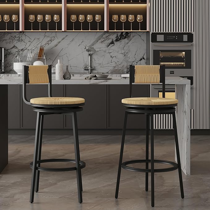 Honey Swivel Bar Stools Paper Rope Handwoven Bar stools with Back Set of 2 Rustic Round Counter Chairs for Dining Room, Kitchen Island (Honey)