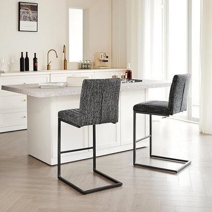 26" Counter Height Bar Stools Set of 2, Modern Upholstered Chairs with Vertical Tufted Backrest & Footrest, Metal Frame for Kitchen Island, Home Bar (Dark Gray Knitted)