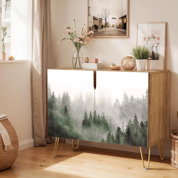 SIGNWIN Sideboard Buffet Cabinet, Kitchen Storage Cabinet with 2 Doors, Mist & Fog Pine Tree Forest Landscape, Cupboard Console Table for Dining Room - 35" L x 18" W x 29" H