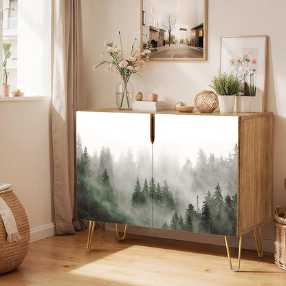 SIGNWIN Sideboard Buffet Cabinet, Kitchen Storage Cabinet with 2 Doors, Mist & Fog Pine Tree Forest Landscape, Cupboard Console Table for Dining Room - 35" L x 18" W x 29" H