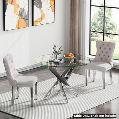 SSLine 35.4" Round Glass Dining Table for 2-4 Modern Circle Glass Tabletop Kitchen Table for 4 Luxury Dinner Tables with Silver Metal Legs for Home Kitchen Dining Room(Table Only)