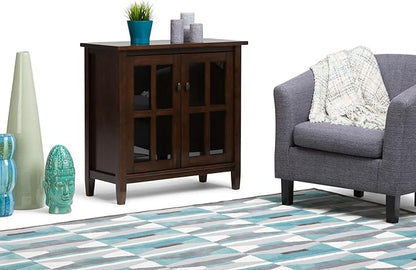 SIMPLIHOME Warm Shaker Storage Cabinet - 32 inch Wide Solid Wood 2-Shelf Low Storage Cabinet in Tobacco Brown, Transitional Accent Cabinet for Entryway with Tempered Glass Doors and Shelves