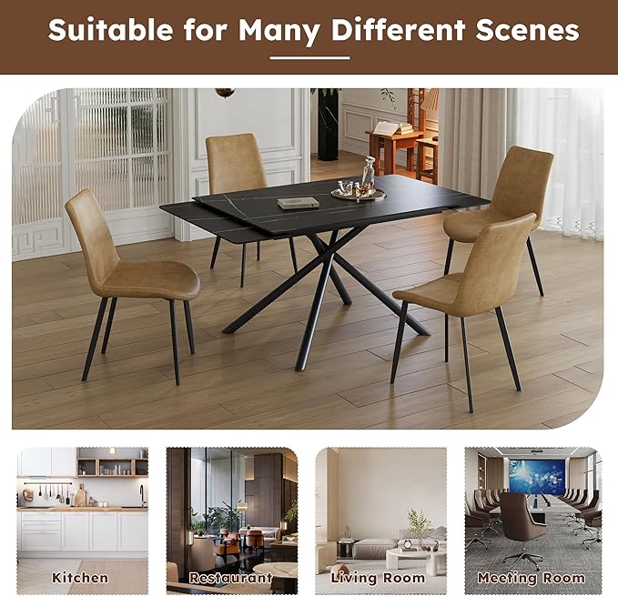 Runboll Extendable Rectangular Dining Table Set for 4, 47"-71" Modern Sintered Stone Kitchen Table with 4 Chairs and Carbon Steel Legs for Dining Room Family Gathering