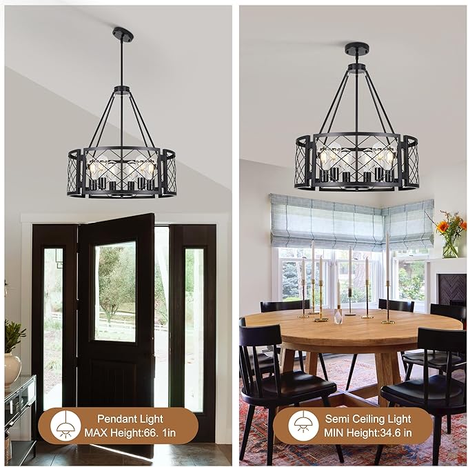 Sigaitwei 6-Light Farmhouse Chandelier Rustic Black Chandelier for Dining Room,Adjustable Pendant Light,Drum Chandelier for Kitchen Island Entryway Bedroom Hallway,21.7'',E26.