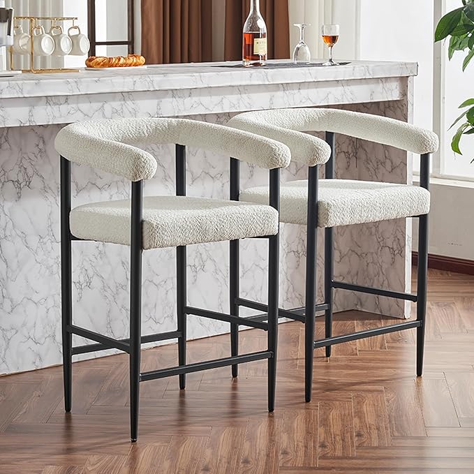 Modern Upholstered Bar Stools Set of 2, Boucle Fabric Counter Height Chairs with Metal e Armrests, Kitchen Island Bar Chairs for Home, Dining Room, Cafe,White