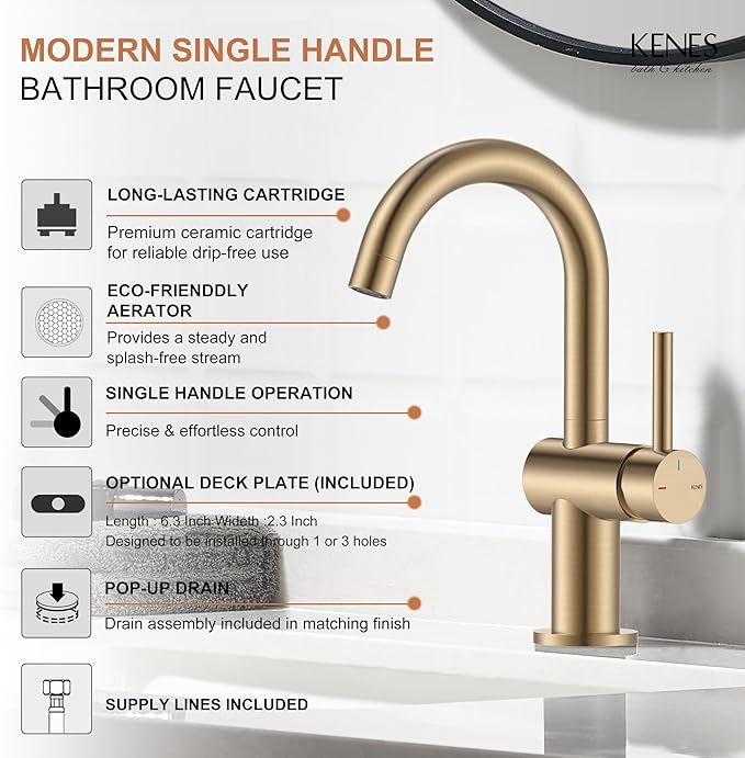 KENES Champagne Bronze Bathroom Faucet 1 Hole, Single Handle Gold Bathroom Sink Faucet for Vanity, Bar Sink Faucet with Drain Assembly & Deck Plate, Farmhouse RV Camper Outdoor Faucet, KE-9005B-CB