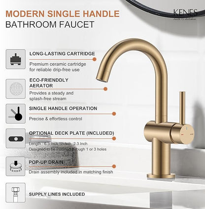 KENES Champagne Bronze Bathroom Faucet 1 Hole, Single Handle Gold Bathroom Sink Faucet for Vanity, Bar Sink Faucet with Drain Assembly & Deck Plate, Farmhouse RV Camper Outdoor Faucet, KE-9005B-CB