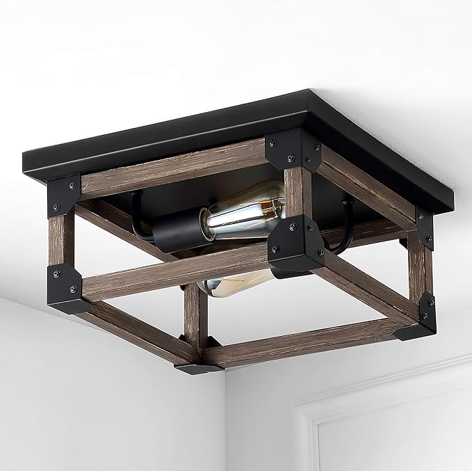 JONATHAN Y 13" Brown/Black 2-Light Iron Flush Mount, Square Open Frame Rustic Farmhouse Ceiling Light for Kitchen, Barnwood Finish, UL Listed, LED Bulbs Included JYL7480A
