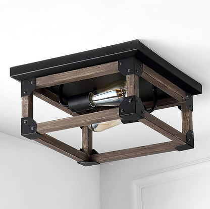 JONATHAN Y 13" Brown/Black 2-Light Iron Flush Mount, Square Open Frame Rustic Farmhouse Ceiling Light for Kitchen, Barnwood Finish, UL Listed, LED Bulbs Included JYL7480A