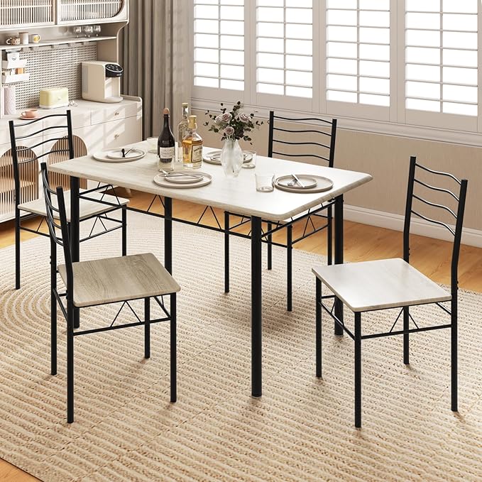 Giantex Modern 5 Piece Dining Table Set for 4 Chairs Wood Metal Kitchen Breakfast Furniture (Beech Wood)