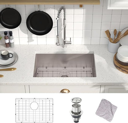 MENSARJOR Undermount Kitchen Sink, 304 Stainless Steel Round Corner Single Bowl Deep Kitchen Sinks, 10-inch Deep Large Bar Sink, 27"X18"Inch