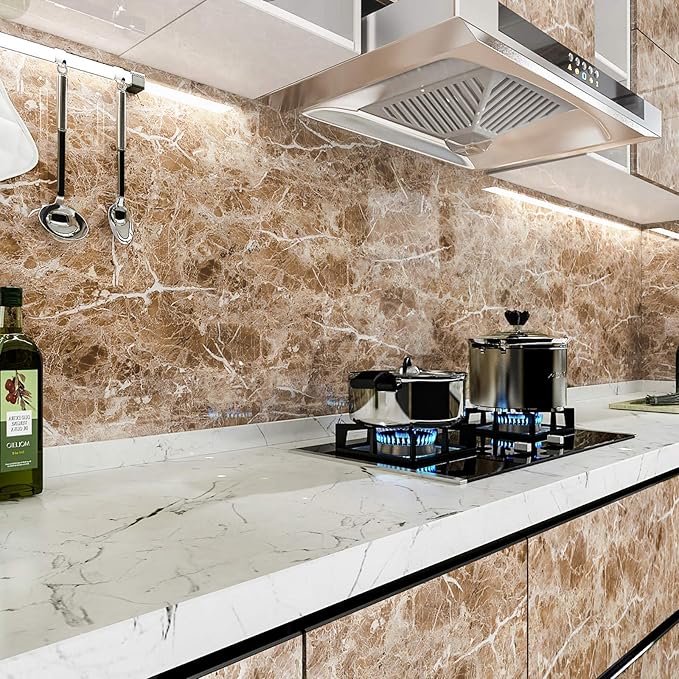 VEELIKE Faux Marble Counter Top Covers Peel and Stick Wallpaper Granite Contact Paper Decorative Kitchen Wall Paper Brown Waterproof Self Adhesive Removable Wallpaper for Cabinet Locker 15.7inx354in