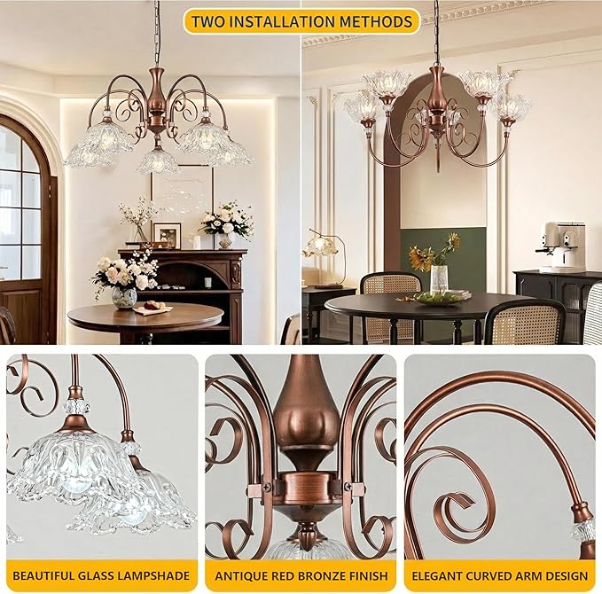 5-Light Vintage Chandeliers in Antique Red Bronze Finish with Crystal Glass Shades, Retro Chandelier Light for Dining Room, Hallway, Kitchen