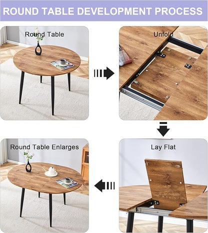 Extendable Round Dining Table Set with 4 Chairs, Telescopic MDF Table with Light Gray and Brown PU Cushion Seats, Adjustable for Different Size Gatherings in Kitchen and Dining Room