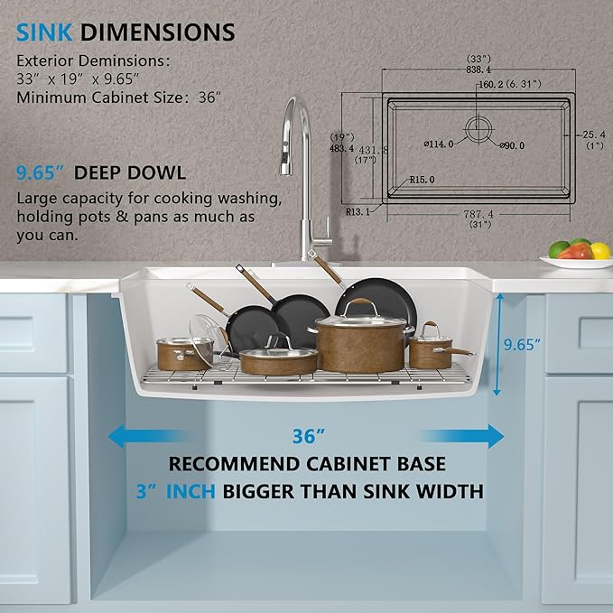 33"x19" Granite Composite Kitchen Sink - Undermount White Granite Quartz Classic Ledge Workstation Under Counter Single Bowl Basin
