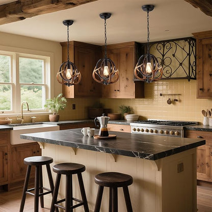 Antler Globe Chandelier, 11.8" Rustic Metal Cage Pendant Light with Resin Antlers, Industrial Farmhouse Hanging Ceiling Light Fixture for Kitchen Island, Dining Room, Entryway, E26 Base, Brown