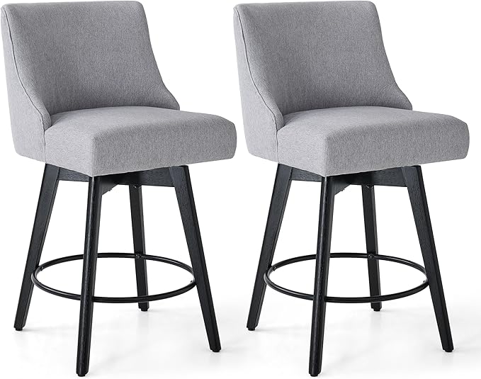 Counter Height Bar Stools Set of 4, Swivel Barstools with Backs and Wood Legs, Linen Fabric Upholstered Counter Stools for Kitchend Island, Mid-Century Modern 26" Seat Height Bar Chairs, Grey
