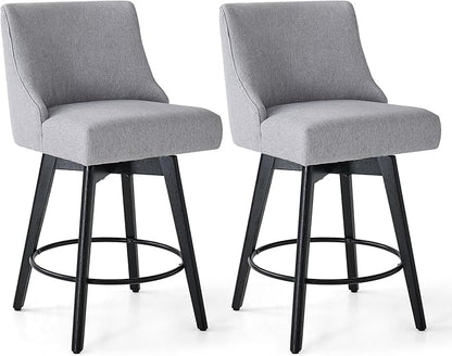 Counter Height Bar Stools Set of 2, Swivel Barstools with Backs and Wood Legs, Linen Fabric Upholstered Counter Stools for Kitchend Island, Mid-Century Modern 26" Seat Height Bar Chairs, Grey
