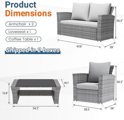 Wisteria Lane 4 Piece Patio Furniture Set, Wicker Outdoor Patio Conversation Furniture Set, All Weather Outdoor Patio Sofa with Cushion and Glass Table, Grey