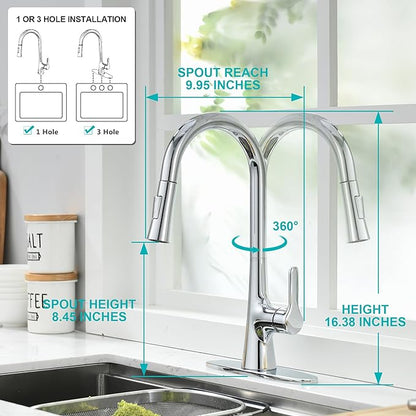 Kitchen Faucet with Pull Down Sprayer, Polished Chrome Kitchen Sink Faucet 1 or 3 Hole, High Arc Single Handle Spot Resist Stainless Steel Kitchen Faucets for Farmhouse Camper Laundry Rv Bar