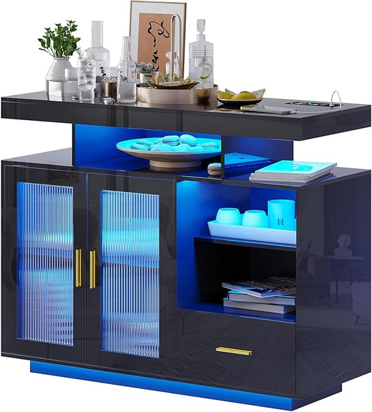 40" Wood LED Coffee Bar with Wireless Charging Station, Kitchen Storage Coffee Bar Cabinet with 2 Doors and 2 Shelves, RGB Modern Side Board Storage Cabinet for Kitchen(Black)