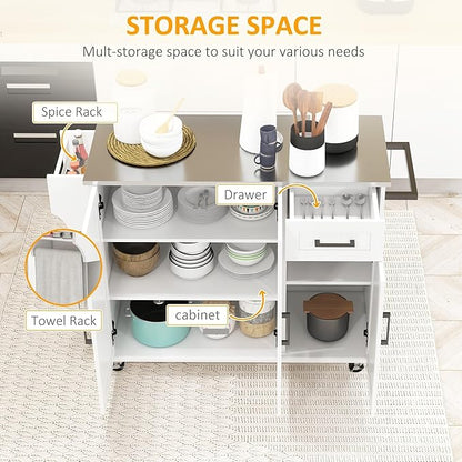 Kitchen Island with Storage, Rolling Kitchen Island on Wheels with Drawer, 3 Cabinets