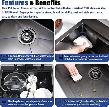 25x22 Black Drop In Kitchen Sink with Faucet Combo - 25 Inch Stainless Steel Workstation Kitchen Sink and Faucet Combo Set, Single Bowl Drop In Sinks Black with Accessories