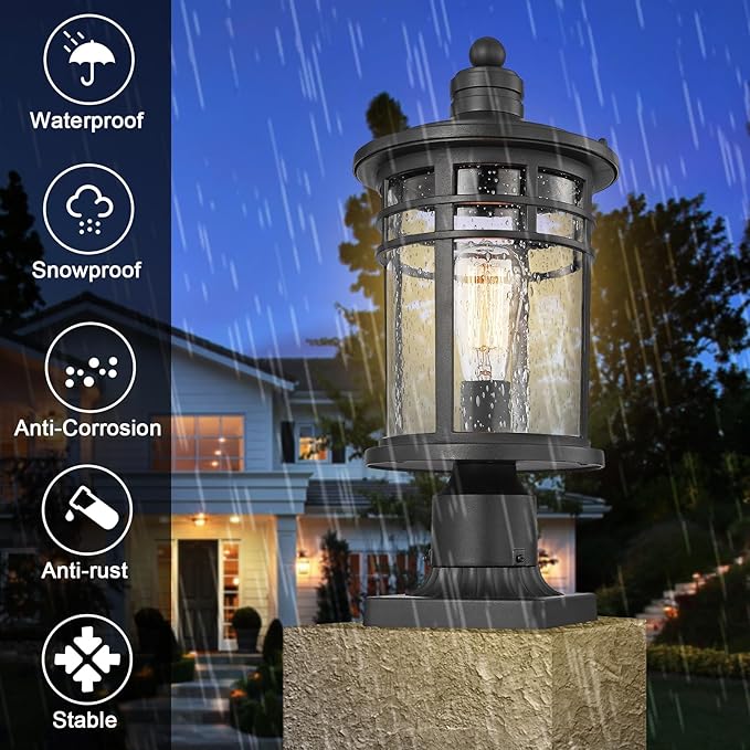 Darkaway Large Outdoor Post Lights Lamp Posts Outdoor Lighting, 17inch Aluminum Post Lights Waterproof Outdoor Light Fixtures with Glass, Light Posts for Outside Patio Yard (Large, Black)