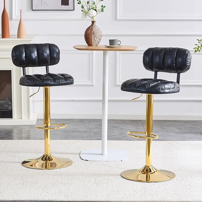 Set of 2 Bar Stools with Adjustable Height, Black PU Leather Upholstered Stools with Gold Metal Base Footrest for Kitchen Island, Home Bar, Game Room