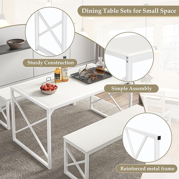 VECELO Kitchen Dining Table Benches Set for 4/6, 55" Wooden Dinette with 2 Benches, Large Embedded Desktop for Small Space, Breakfast Nook, White