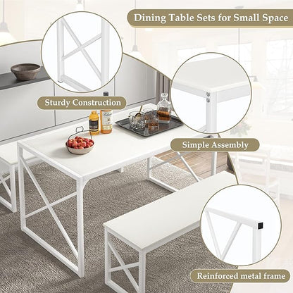 VECELO Kitchen Dining Table Benches Set for 4/6, 55" Wooden Dinette with 2 Benches, Large Embedded Desktop for Small Space, Breakfast Nook, White