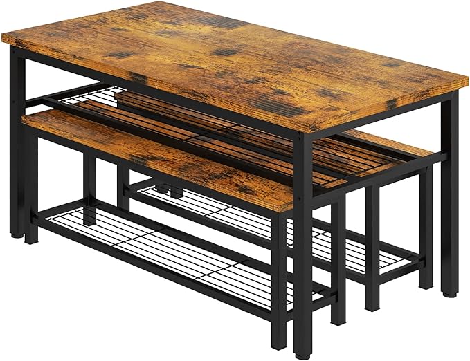 AWQM 43.3" Dining Table Set for 4, Kitchen Dining Table with 2 Benches, Dining Room Table Set with Metal Frame & Storage Rack for Kitchen, Restaurant, Rustic Brown