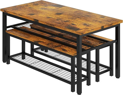 AWQM 43.3" Dining Table Set for 4, Kitchen Dining Table with 2 Benches, Dining Room Table Set with Metal Frame & Storage Rack for Kitchen, Restaurant, Rustic Brown
