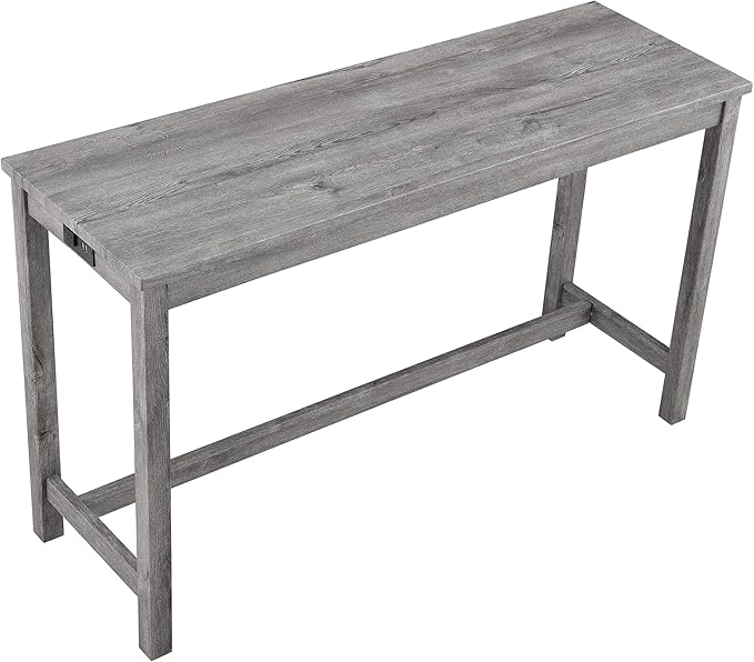 4-Piece Farmhouse Kitchen Table Stool Set with Power Outlets, Industrial Dining Tables with 3 Upholstered Stools, Wooden Counter Table Chairs w/Charging Station&2 USB Ports, Gray+Gray